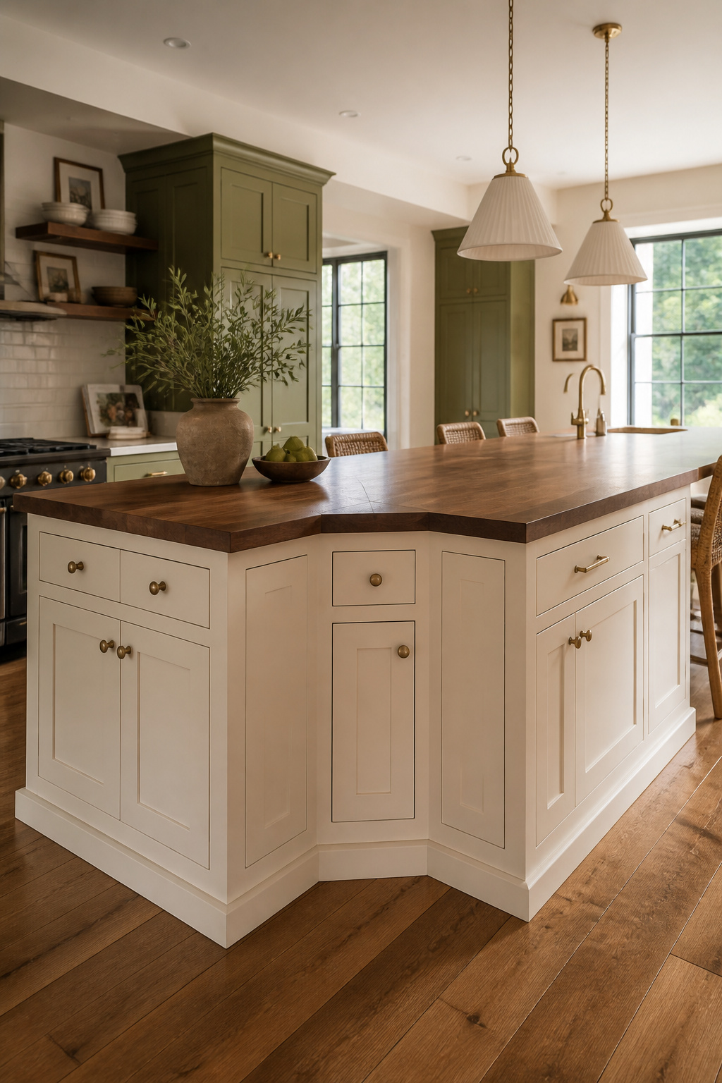 An L-shaped island corner with pie-cut drawer solution — more storage capacity than a straight island of the same footprint, with the corner turned into a design feature.