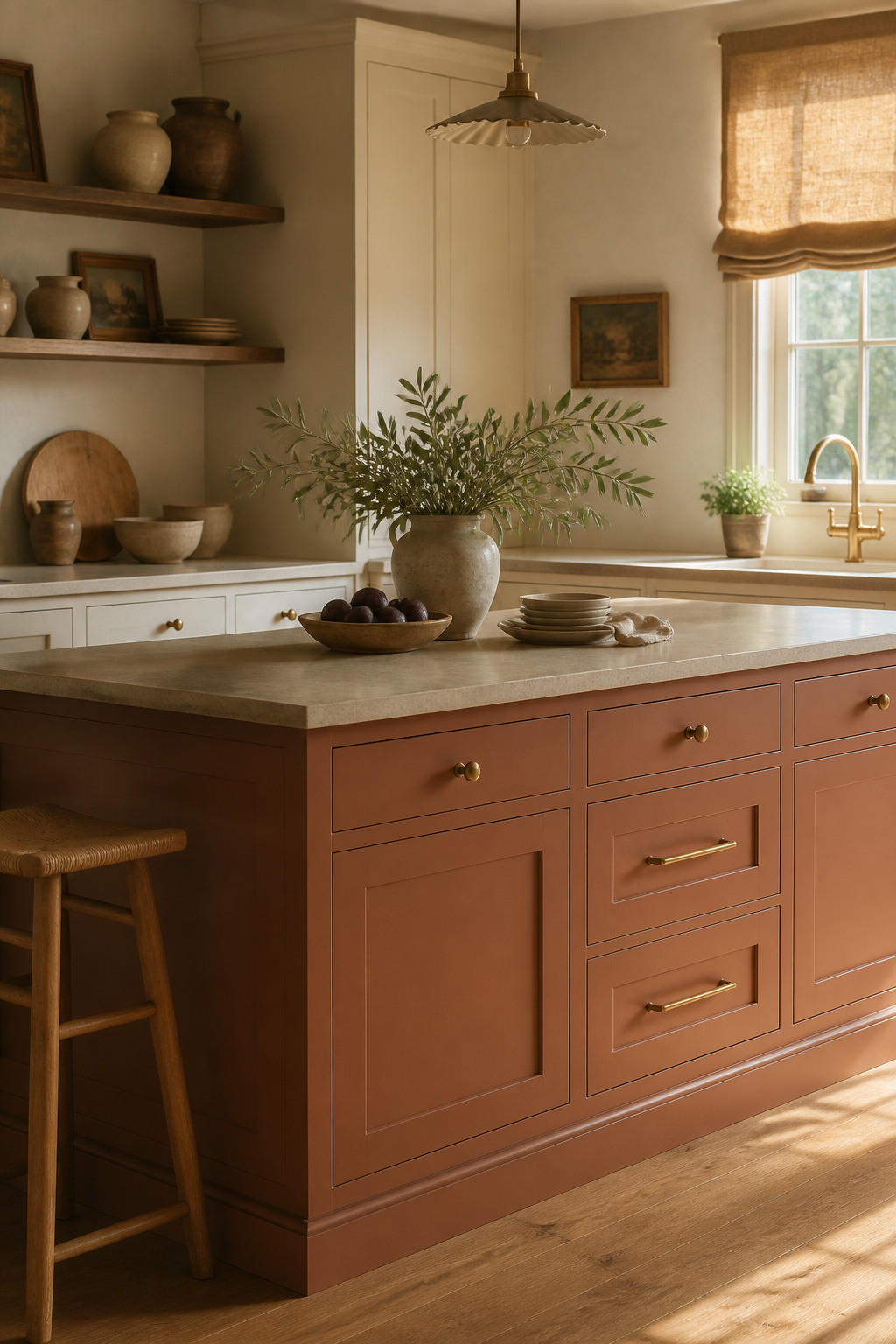 Farrow & Ball Naperon terracotta on an island cabinet — warm, grounded, and specifically built for the natural material palette of a kitchen designed around honest choices.