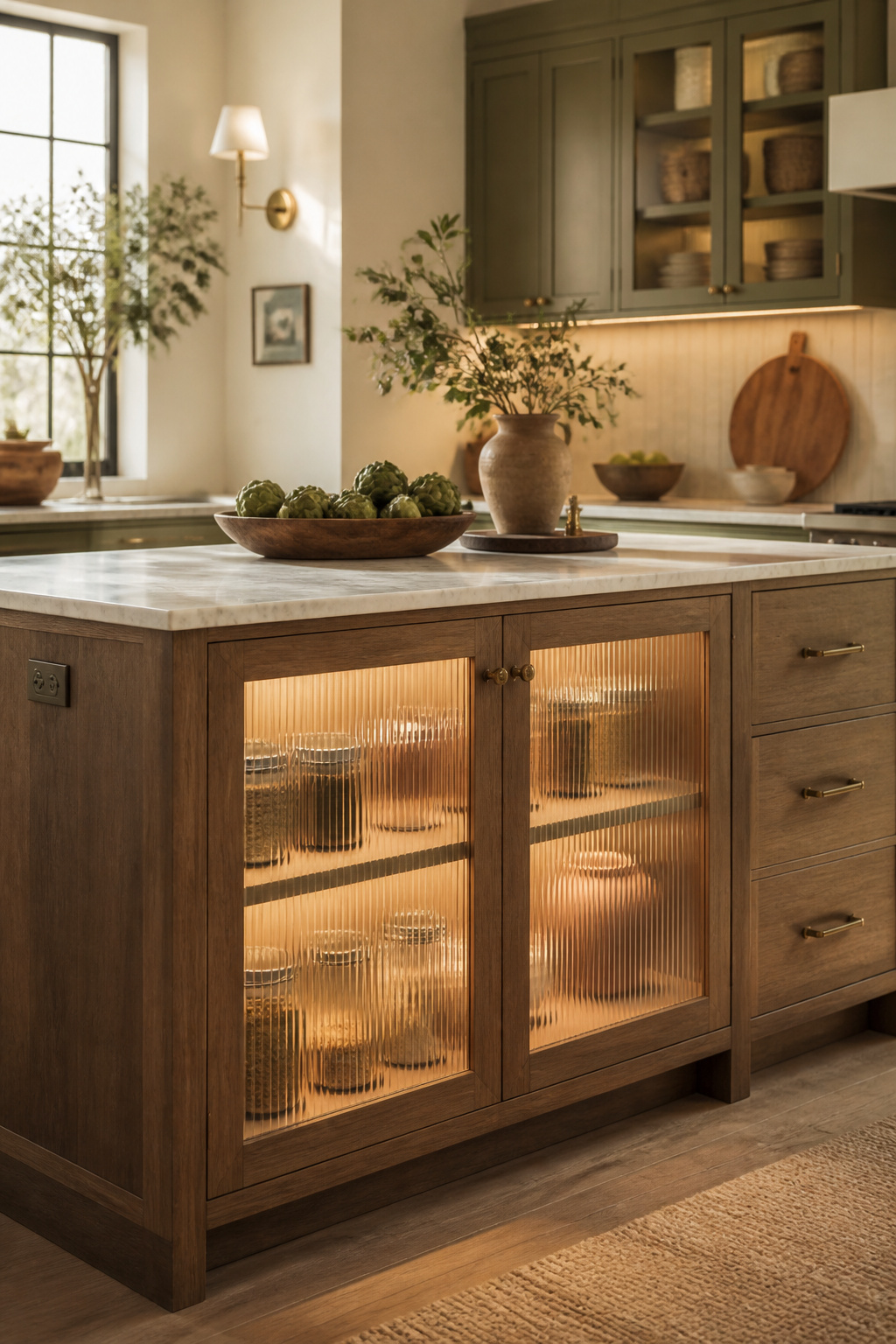 Reeded glass island cabinet fronts allow light through while blurring contents just enough — the 2025-2026 preferred balance of transparency and calm.