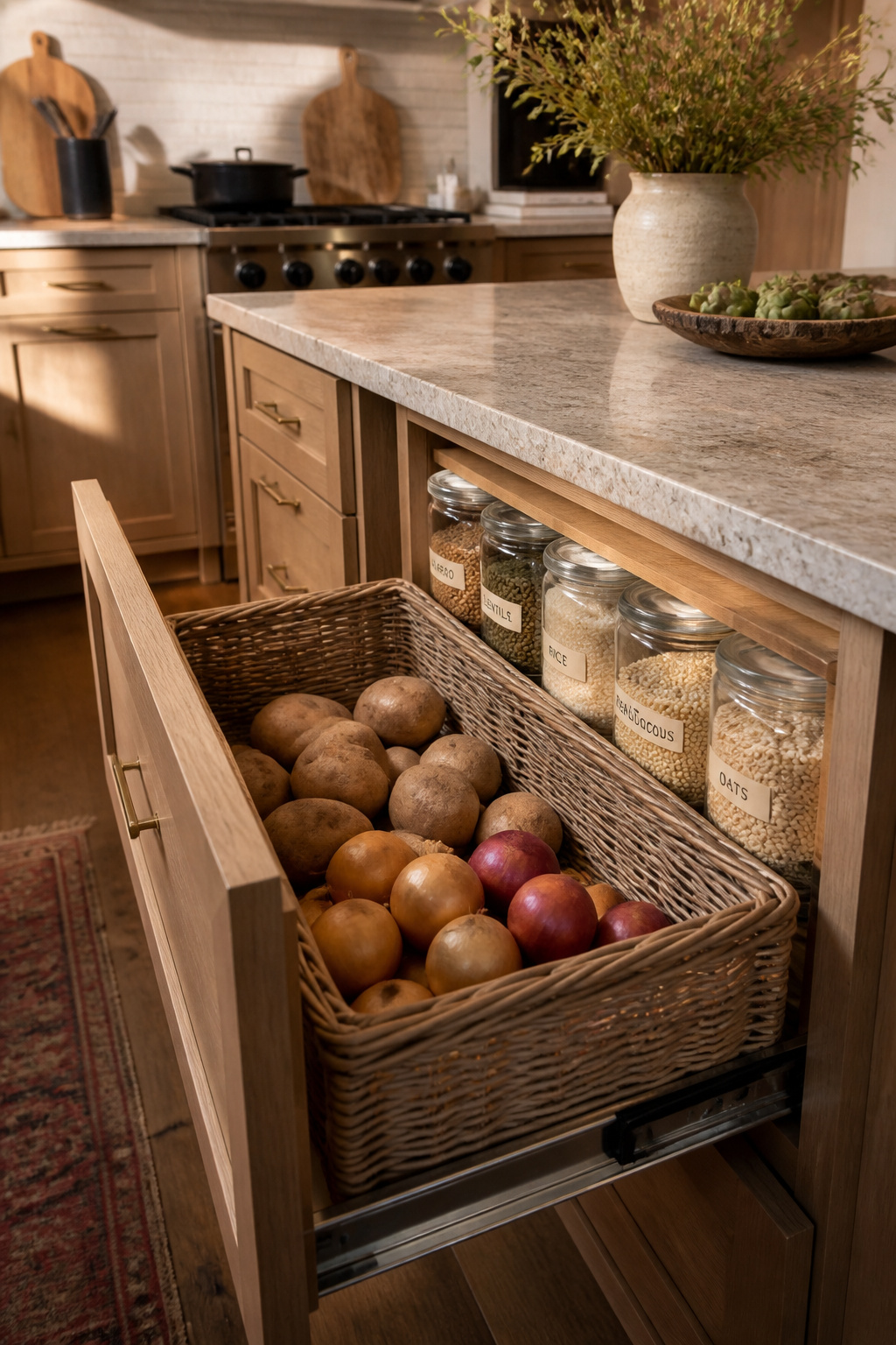 A deep drawer with a ventilated wicker basket insert gives root vegetables what they need — darkness, airflow, and easy access for regular restocking.