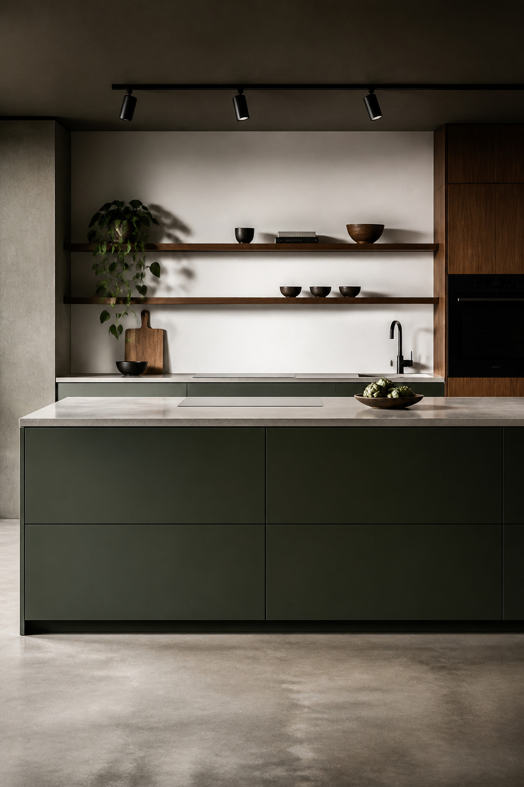 Push-to-open island cabinet panels maintain an uninterrupted surface — the island reads as a sculptural block rather than a storage unit.
