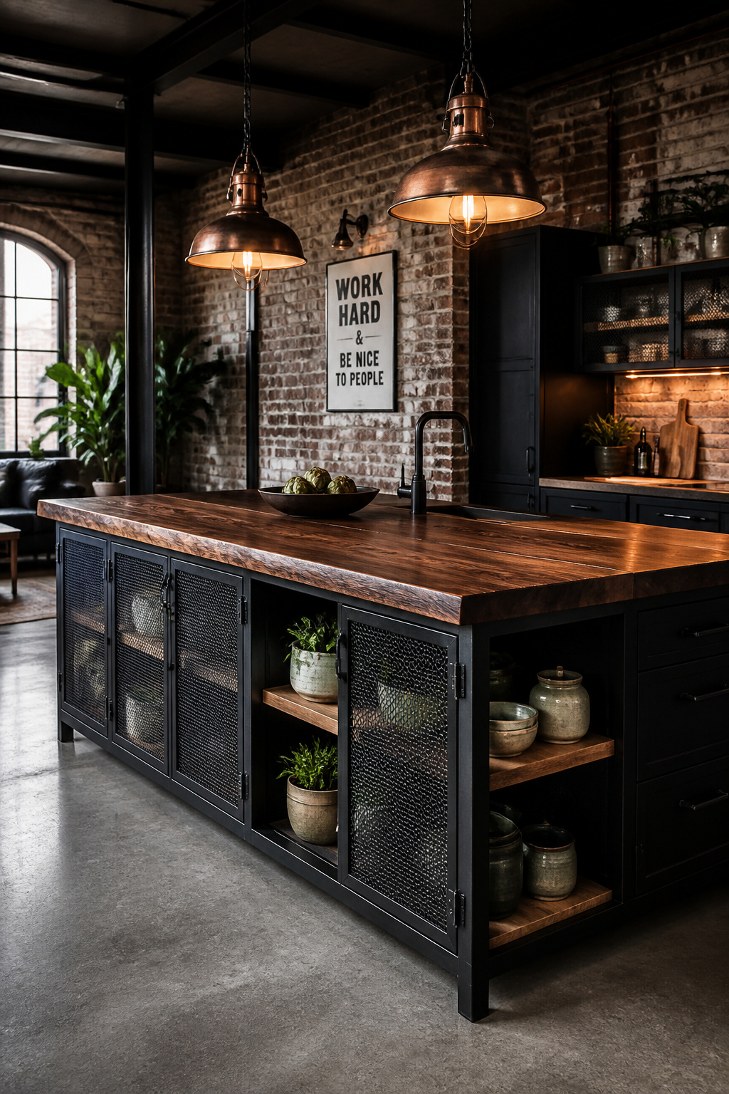 Powder-coated steel cabinet frames with reclaimed elm timber shelving — both materials are honest, sustainable, and built to last in an urban kitchen designed for real use.