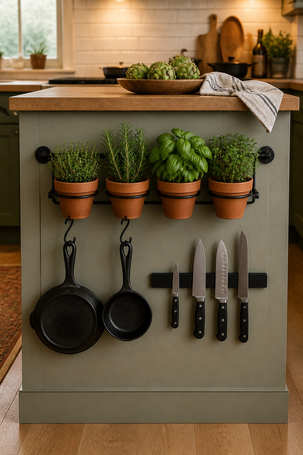 An IKEA HULTARP rail mounted to the island end panel holds living herbs, hanging pots, and a magnetic knife strip — active storage that keeps the countertop completely clear.