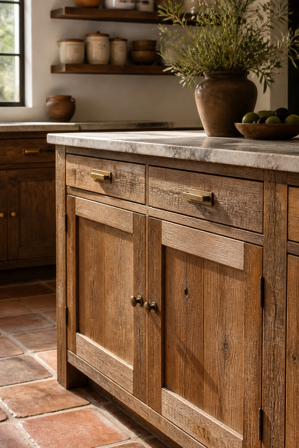 Reclaimed barn oak island cabinet doors — kiln-dried, hardwax-oil finished — bring old-growth grain character that no new timber can replicate.
