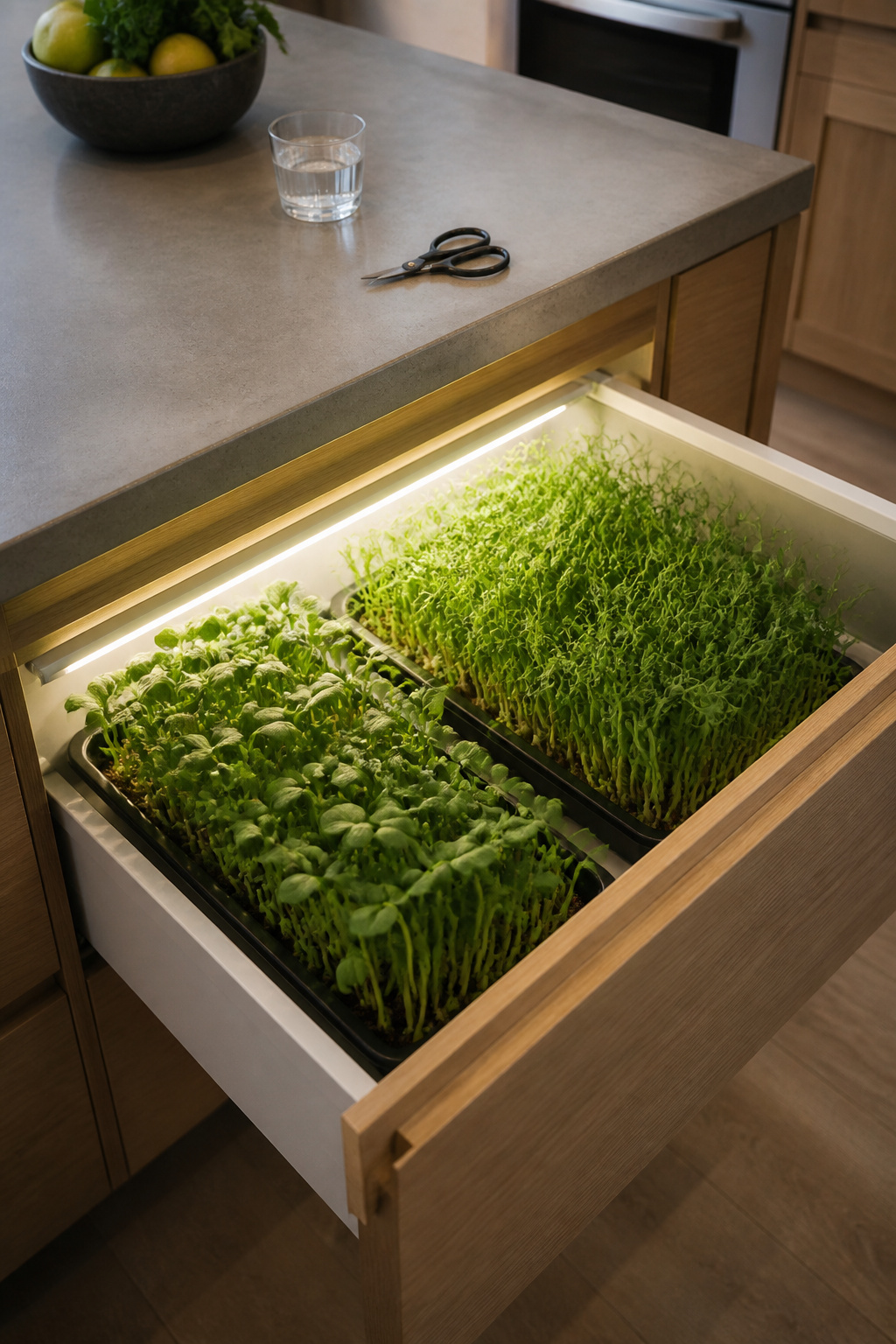 A waterproofed island drawer fitted with a 10x20 microgreen tray and an IP65 LED grow strip — a working food-production station built into standard cabinetry.