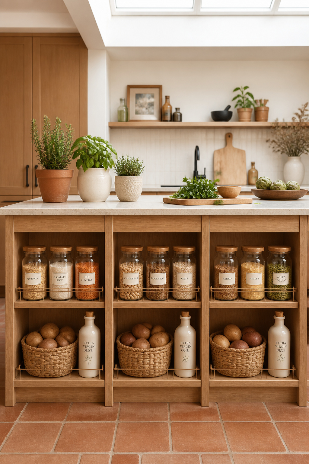 Open bamboo-divided island shelving keeps visible storage disciplined — three categories per shelf, uniform containers, the most-used items at the most accessible height.