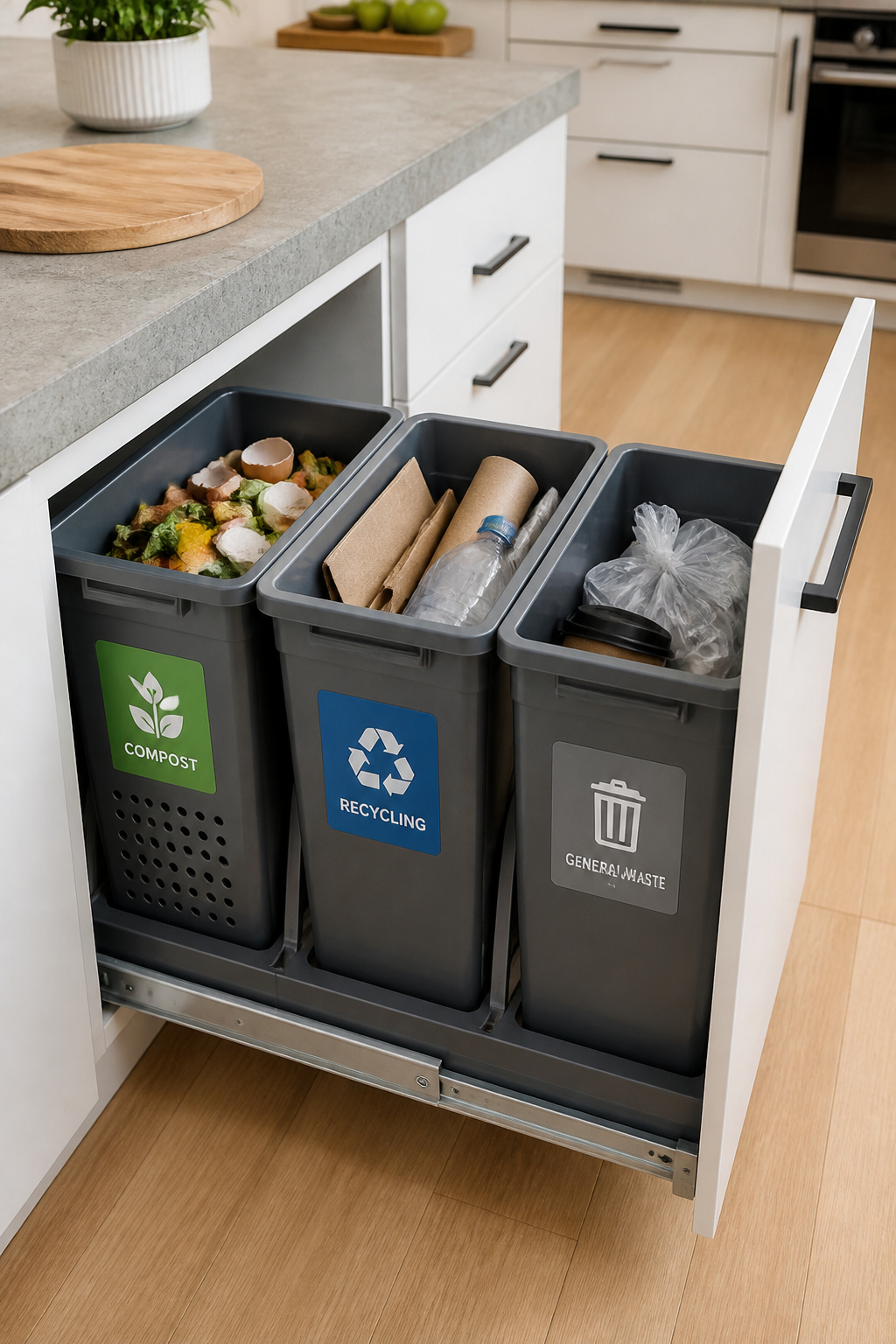 A built-in three-stream island waste system — compost, recycling, landfill — directly beneath the prep surface makes zero-waste sorting the path of least resistance.