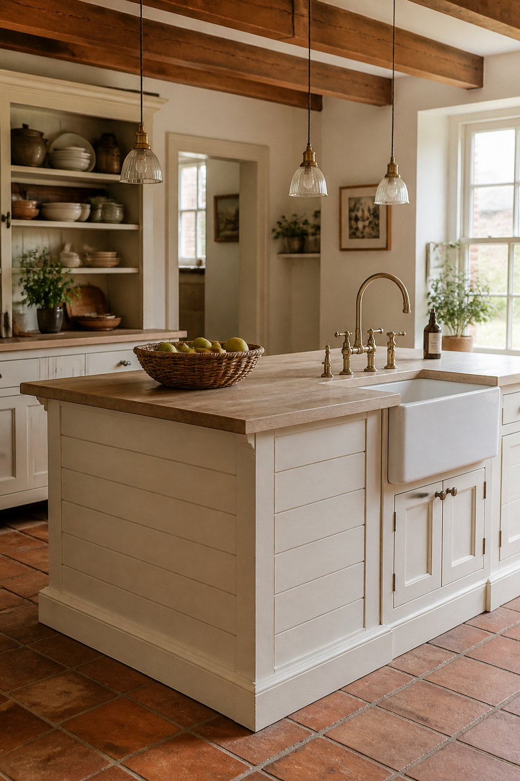 Horizontal tongue-and-groove panelling on island sides and an integrated apron sink give a farmhouse kitchen island the feeling of furniture rather than flat-pack cabinetry.