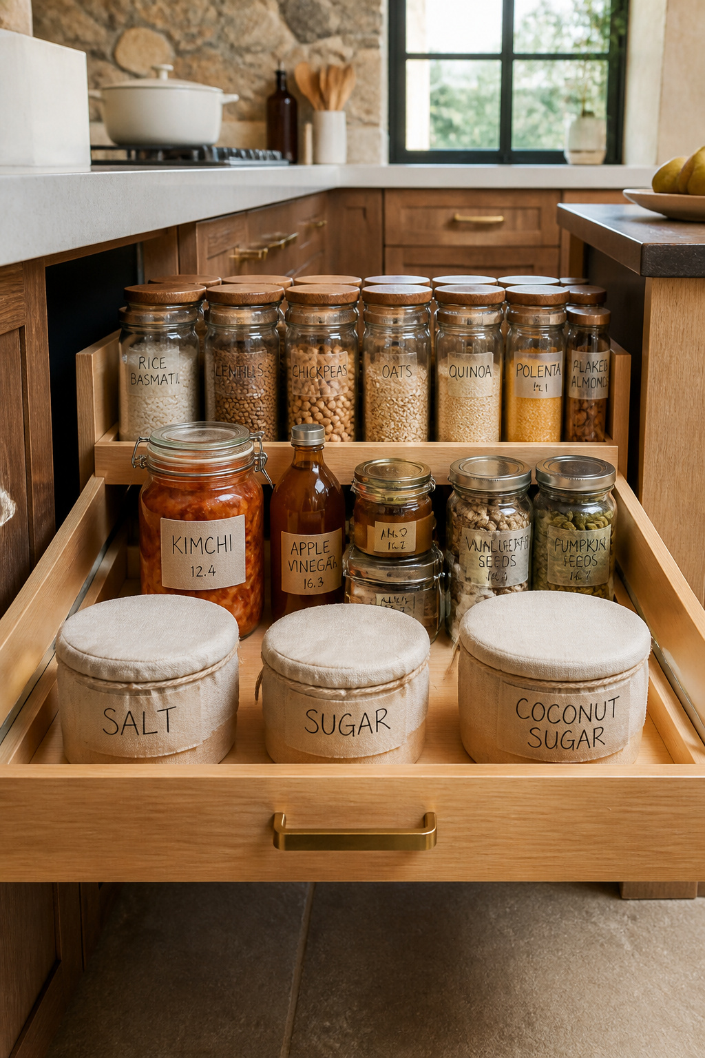 Full-extension island pull-out shelves make a complete pantry stock-take possible in seconds — the key mechanism behind a genuinely zero-waste food storage system.