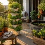 A sun-filled terrace container garden featuring herbs, salad greens, cherry tomatoes, strawberry hanging baskets, and a half-barrel pond — every growing idea in one productive outdoor space.