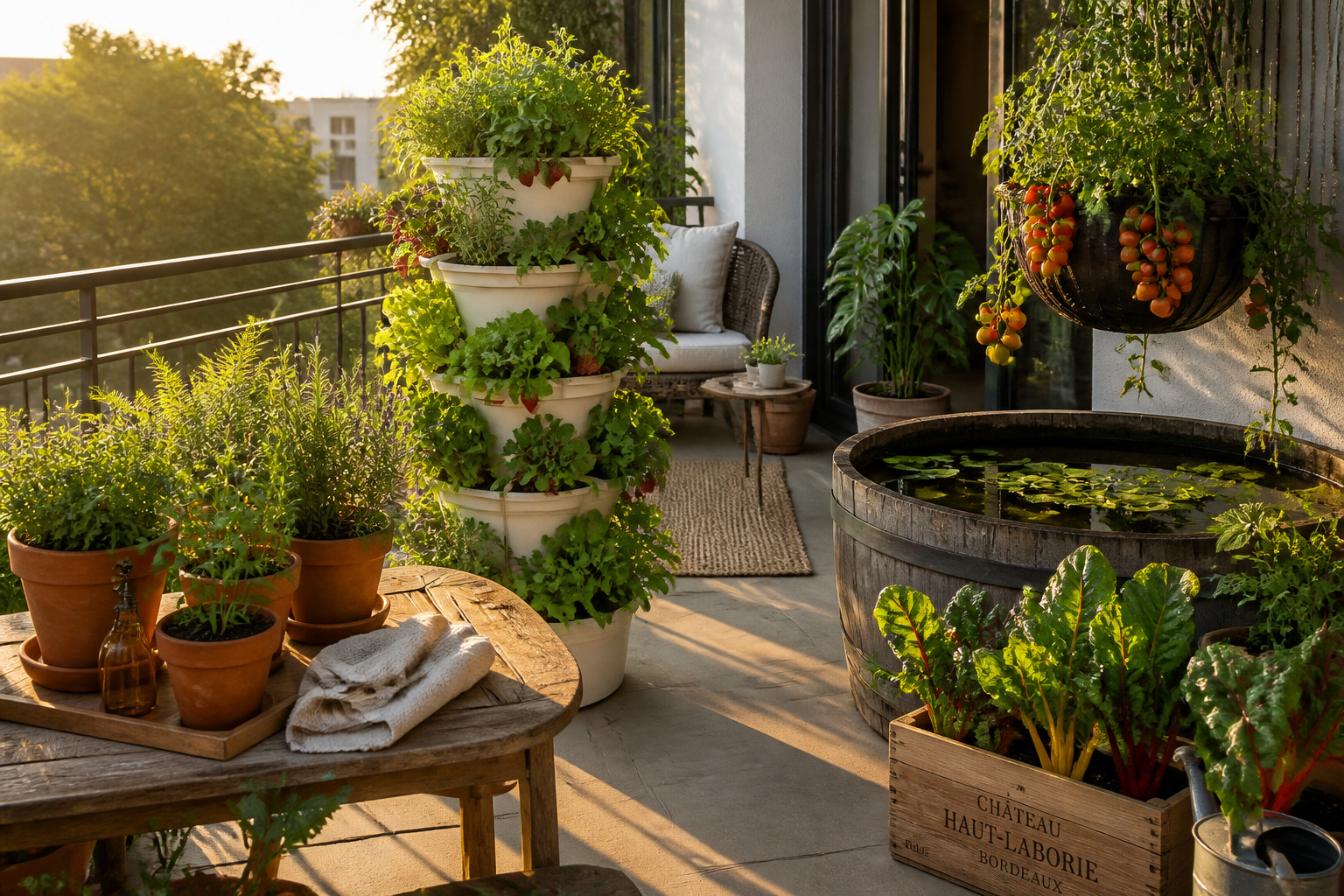 A sun-filled terrace container garden featuring herbs, salad greens, cherry tomatoes, strawberry hanging baskets, and a half-barrel pond — every growing idea in one productive outdoor space.