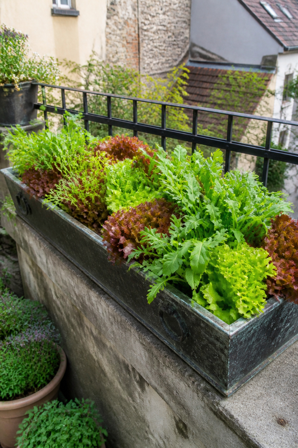 A window box of cut-and-come-again salad greens — looseleaf lettuce, mizuna, and arugula — ready for their next harvest, a productive balcony trough that regrows within days of cutting.