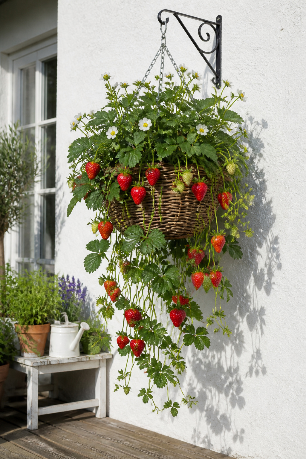 Strawberries in a hanging basket mounted on a balcony wall — everbearing varieties produce ripe fruit from late spring through autumn, and at eye level they're easy to pick, watch, and protect from ground-level pests.