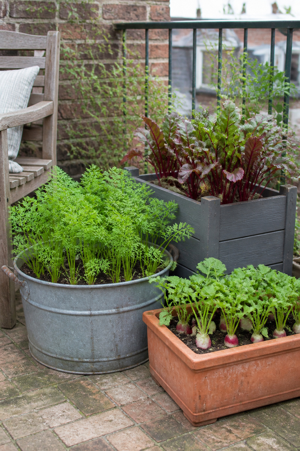 Root vegetables thriving in deep containers on a patio — carrot feathery tops, beet leaves in deep red, and radishes in a shallow trough, proving that root crops belong in container gardens.