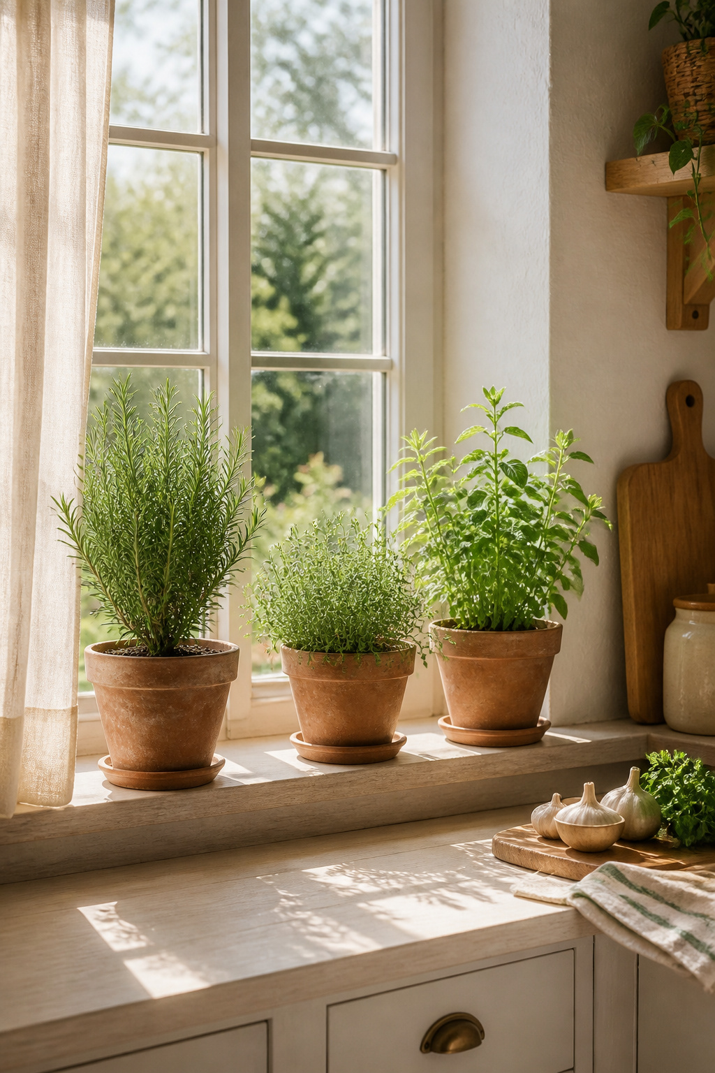 A kitchen windowsill herb container garden with terracotta pots of rosemary, thyme, and oregano in warm morning light — the simplest and most rewarding start to growing your own.