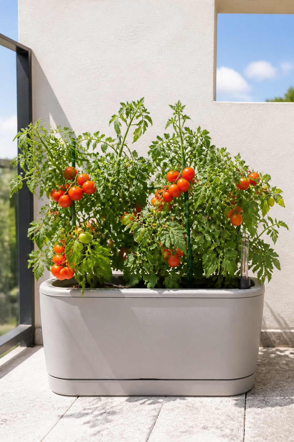 A self-watering planter loaded with productive cherry tomatoes on a balcony — the sub-irrigation reservoir delivers consistent moisture, eliminating the feast-and-drought cycle that ruins most container tomato crops.