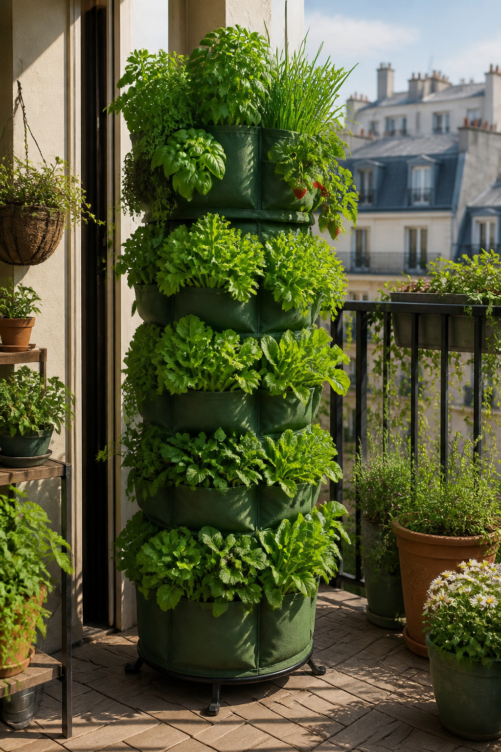 A vertical fabric tower planter densely planted with herbs, salad greens, and strawberries on a small urban balcony — 30 growing pockets in a single square foot of floor space.