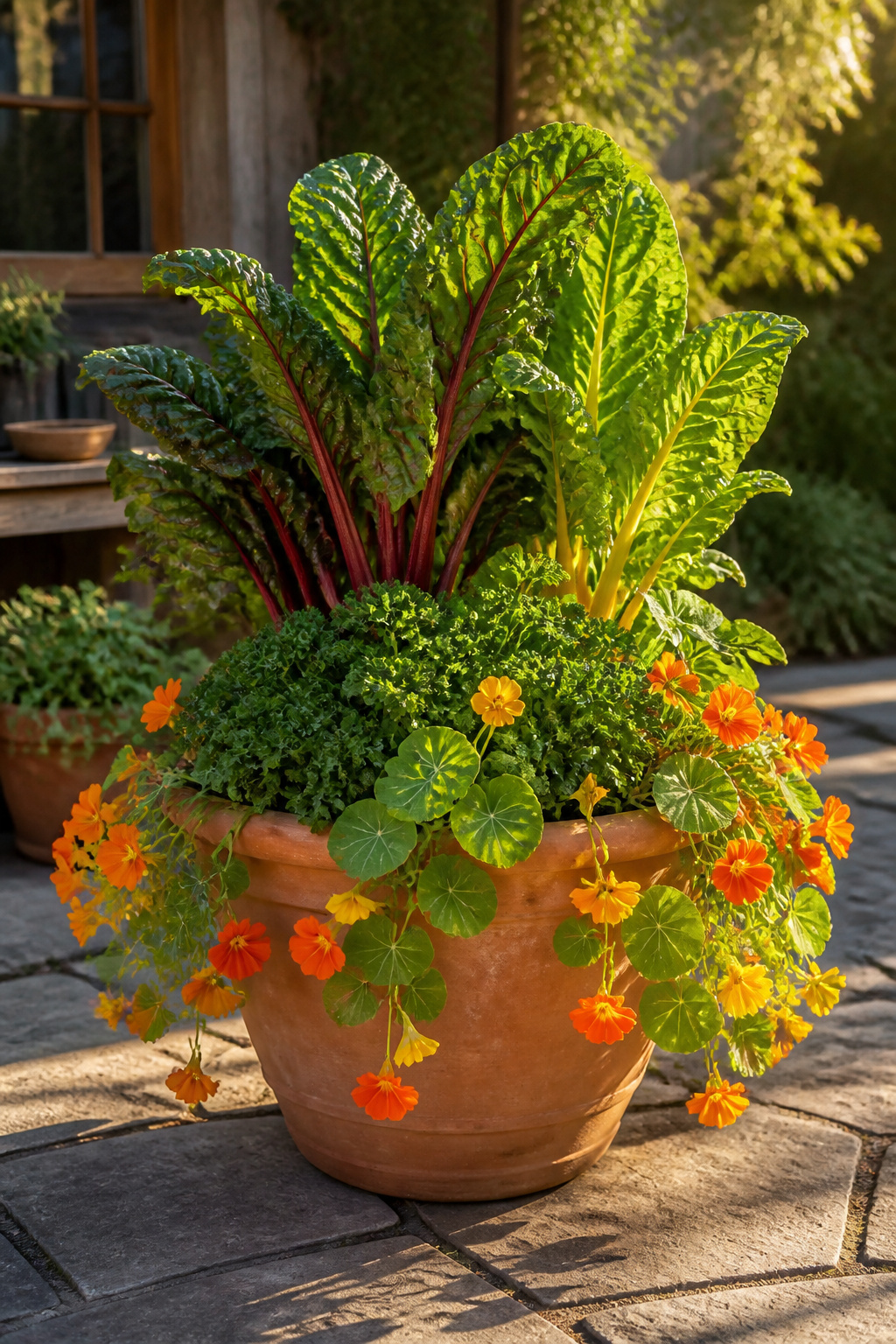 The thriller-filler-spiller container garden formula applied with edible plants: rainbow chard as the tall focal thriller, curly parsley as filler, and trailing nasturtiums with edible orange flowers as spillers.