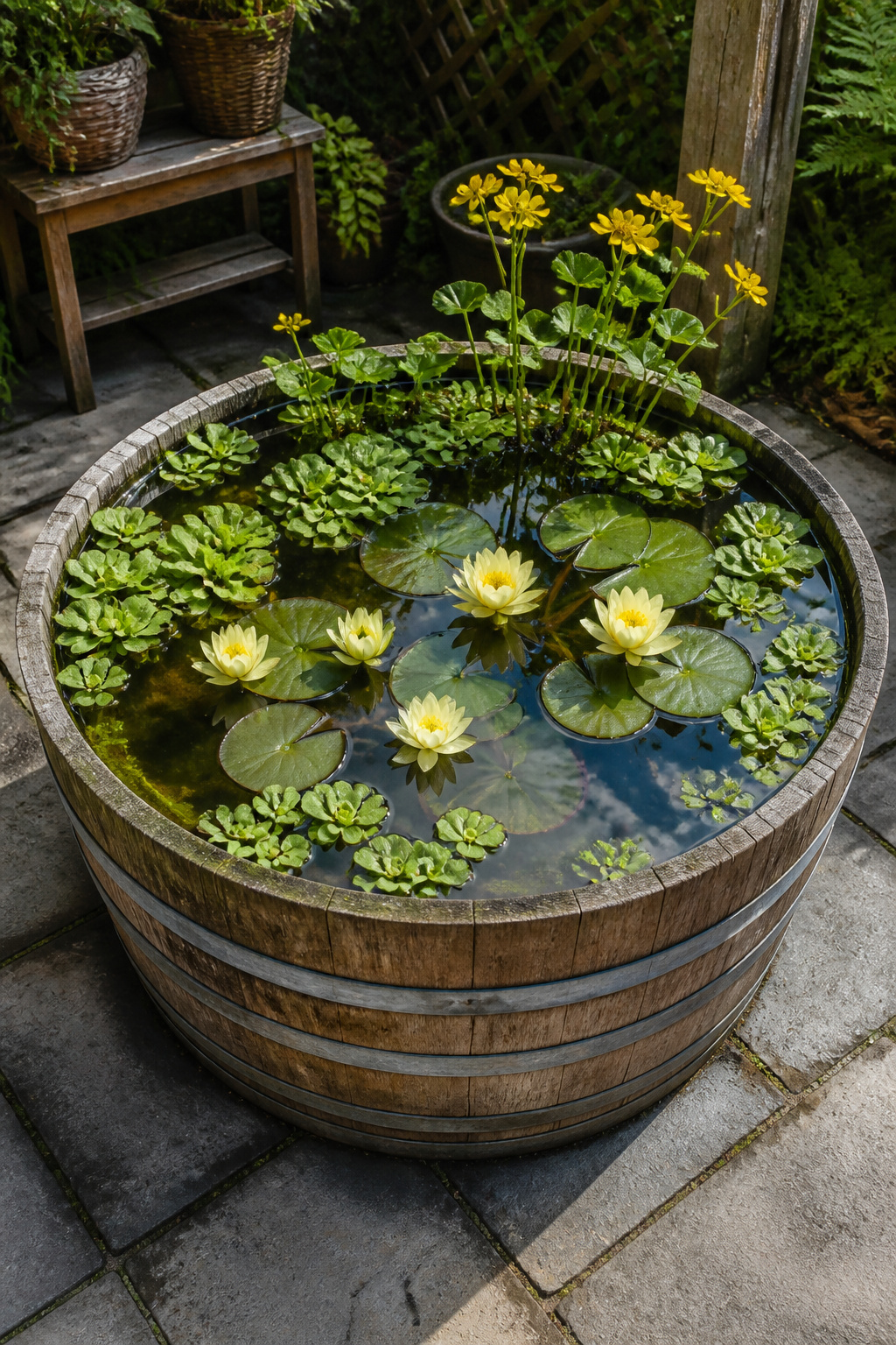 An aquatic container garden in a half-barrel pond with a dwarf water lily in bloom, water lettuce, and marsh marigold — a complete mini-ecosystem on a patio that requires no plumbing and attracts wildlife within weeks.