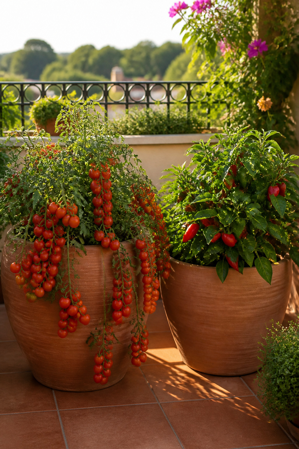 Dwarf cherry tomatoes in trailing containers and compact peppers on a patio — both bred specifically for container growing, both producing genuine harvests from a small balcony space.