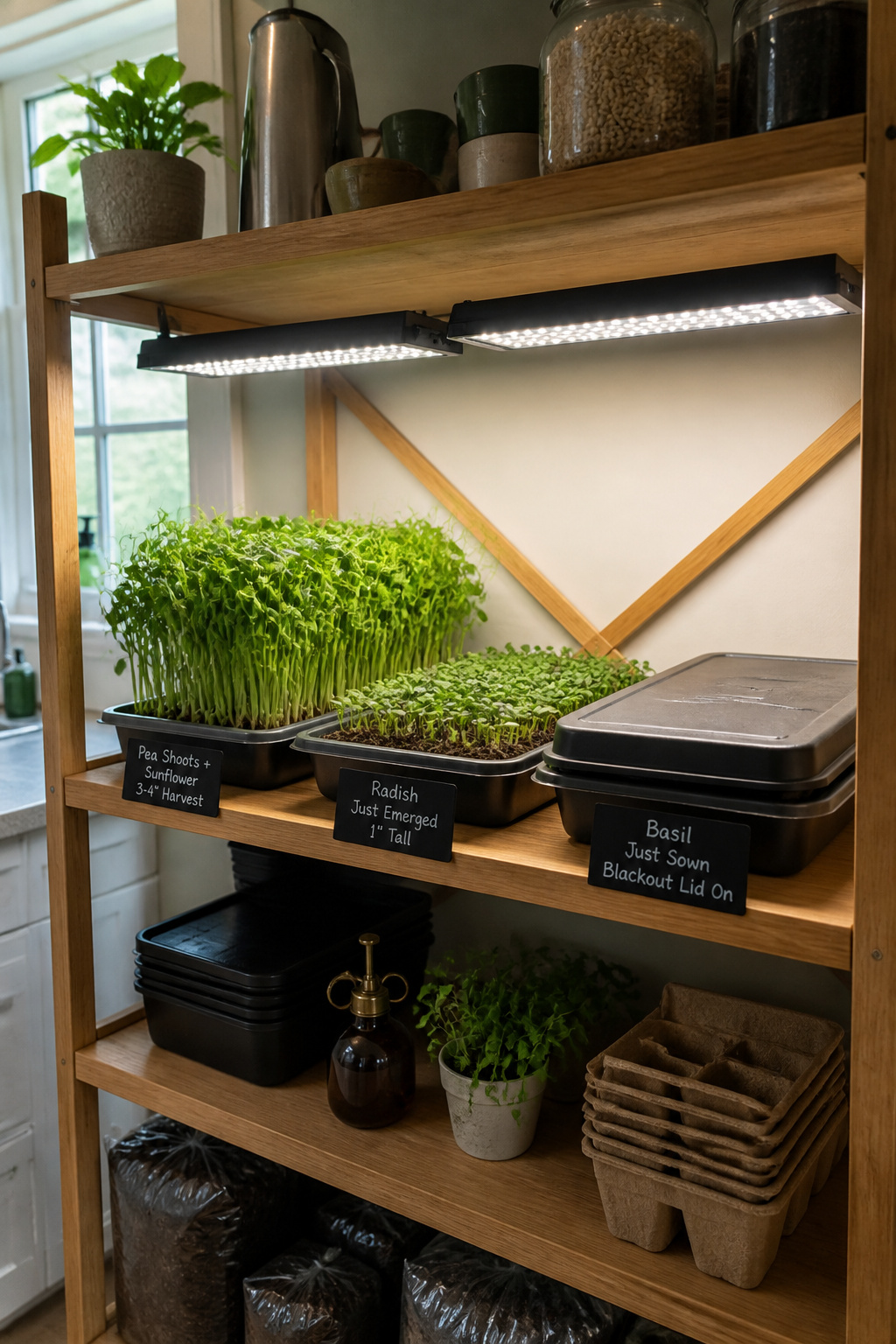 An indoor microgreen growing setup with three trays at different harvest stages under LED grow lights — pea shoots, sunflower microgreens, and radish in a system that delivers fresh greens every week, year-round.