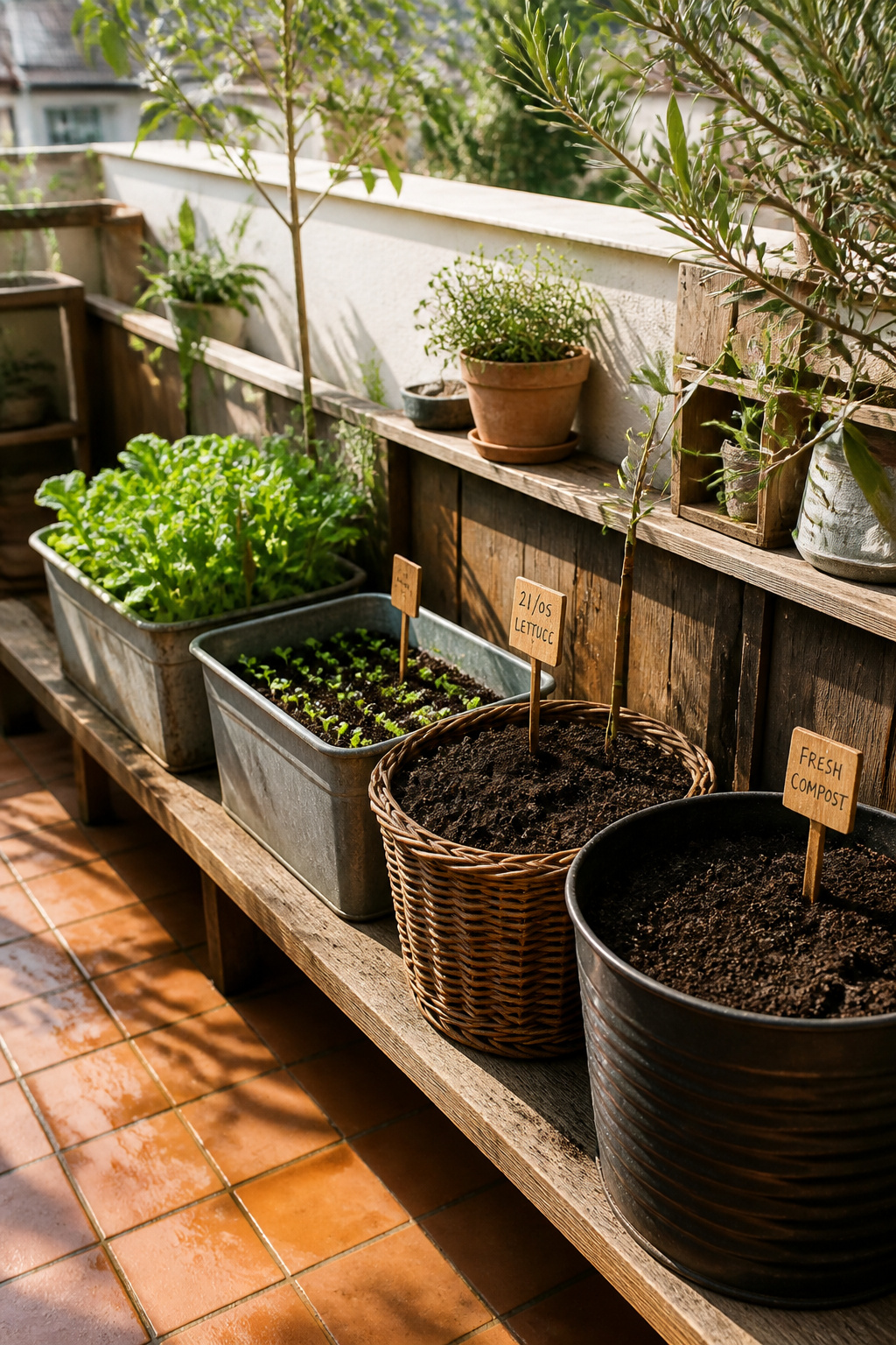 Succession sowing in containers: four planters at different harvest stages — mature greens, young seedlings, freshly sown compost, and a refreshed pot — the method that ends the glut-then-nothing cycle.