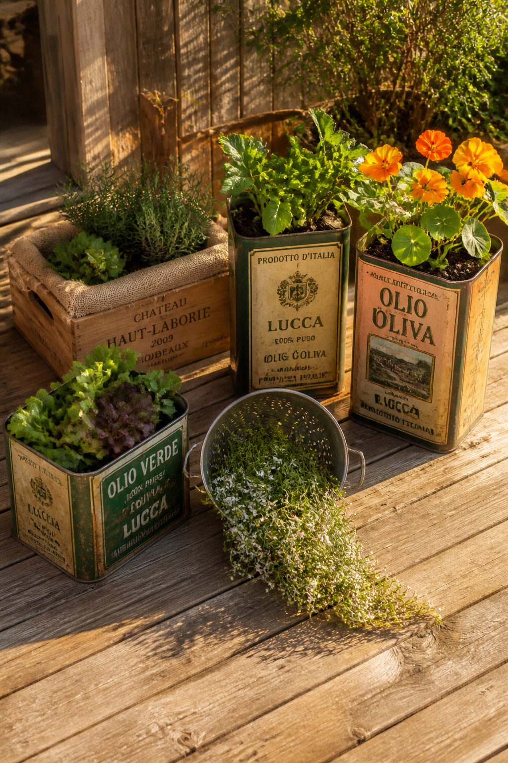 Upcycled container gardening using reclaimed wine crates, vintage tin cans, and a metal colander — productive and characterful, assembled for almost nothing from discarded materials.