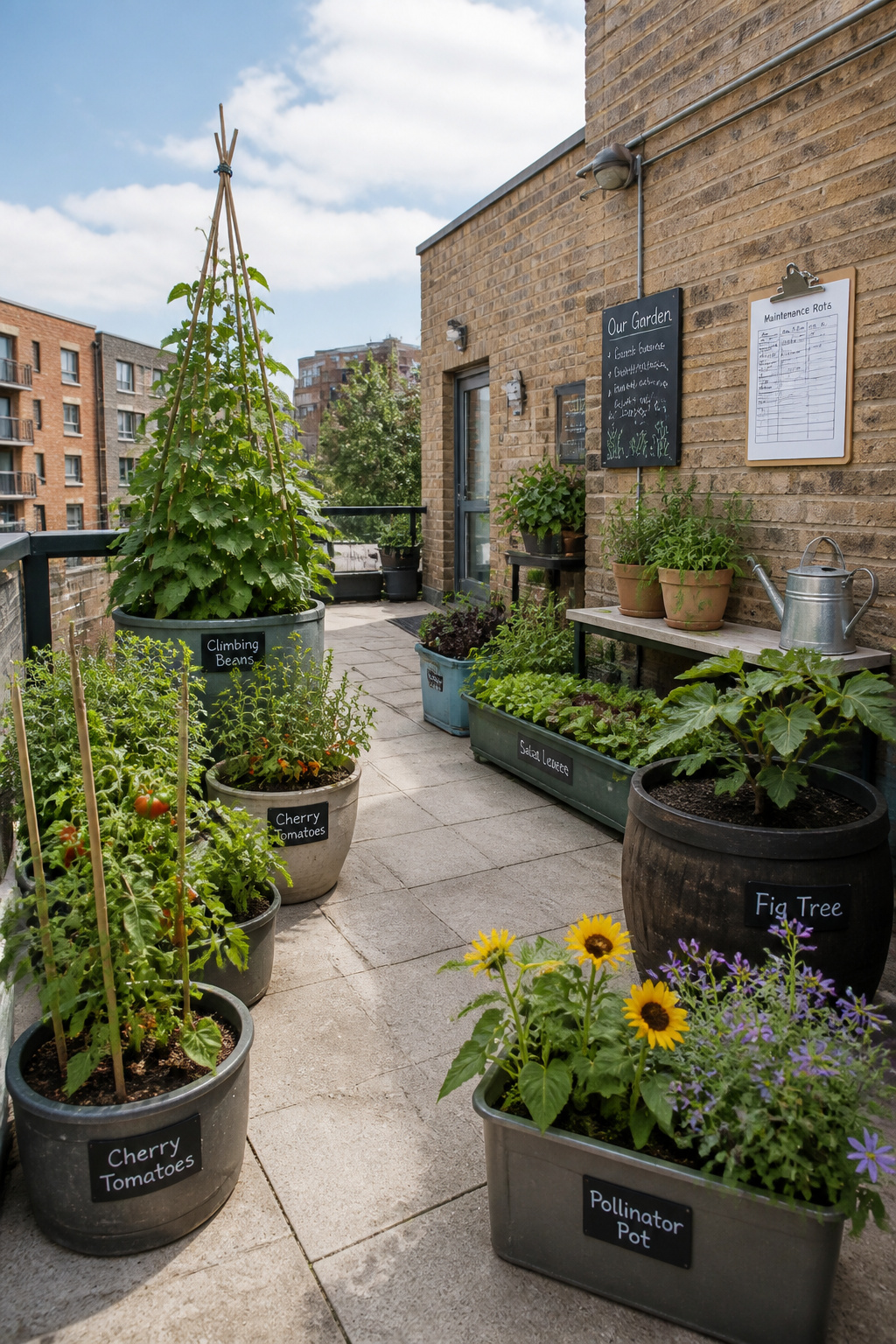 A community container garden on a shared terrace — climbing beans, cherry tomatoes, salad troughs, and a pollinator pot maintained cooperatively by apartment residents, productive and alive all season.