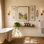 A curated bathroom art wall combining botanical prints, watercolor, and 3D sculpture — the complete vision of what bathroom wall art can be.