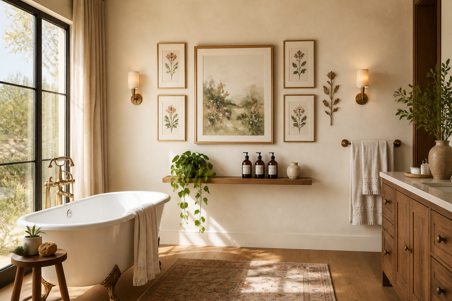 A curated bathroom art wall combining botanical prints, watercolor, and 3D sculpture — the complete vision of what bathroom wall art can be.