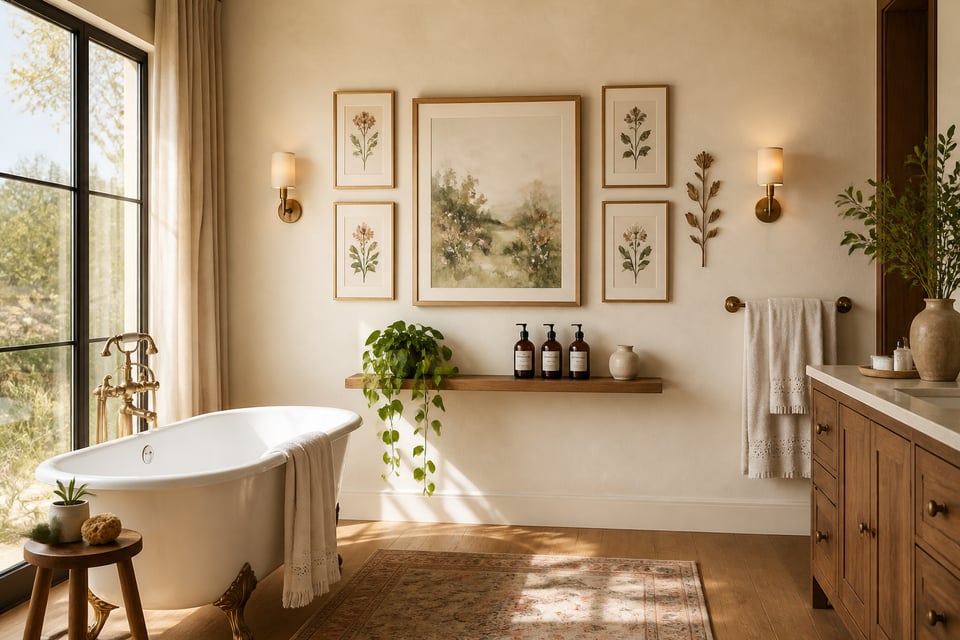 A curated bathroom art wall combining botanical prints, watercolor, and 3D sculpture — the complete vision of what bathroom wall art can be.