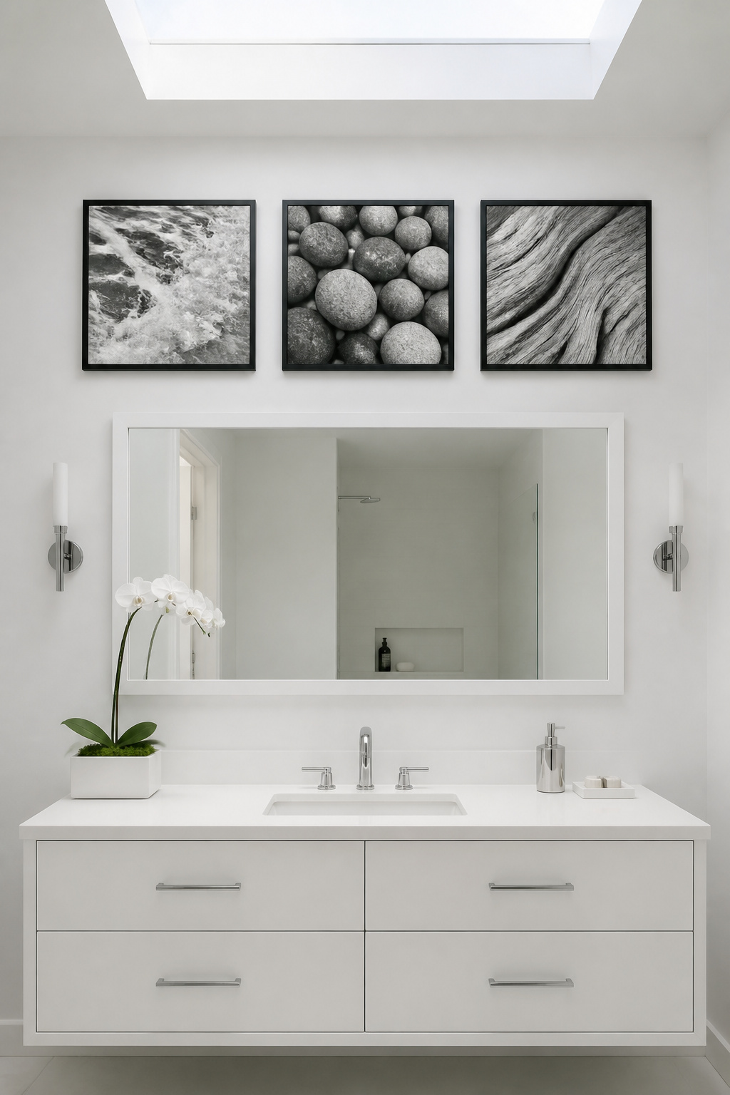Three photographs sharing a tonal theme and matching frames become a single considered installation, not three random prints.