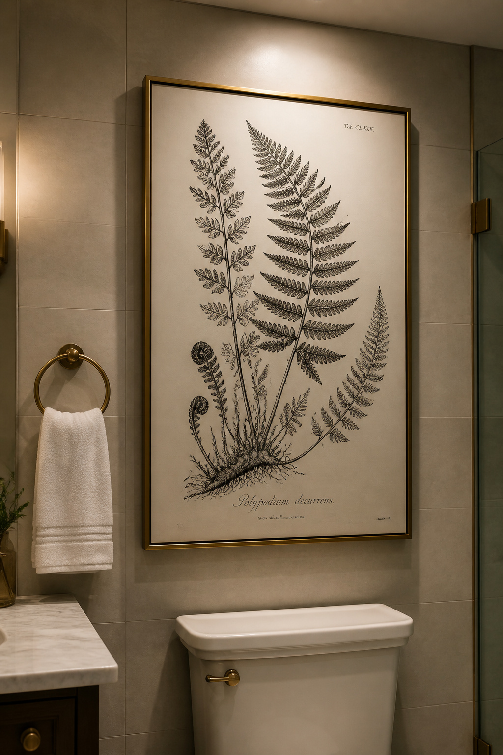 One oversized print does more design work than five small ones — scale creates visual anchor in a compact bathroom space.