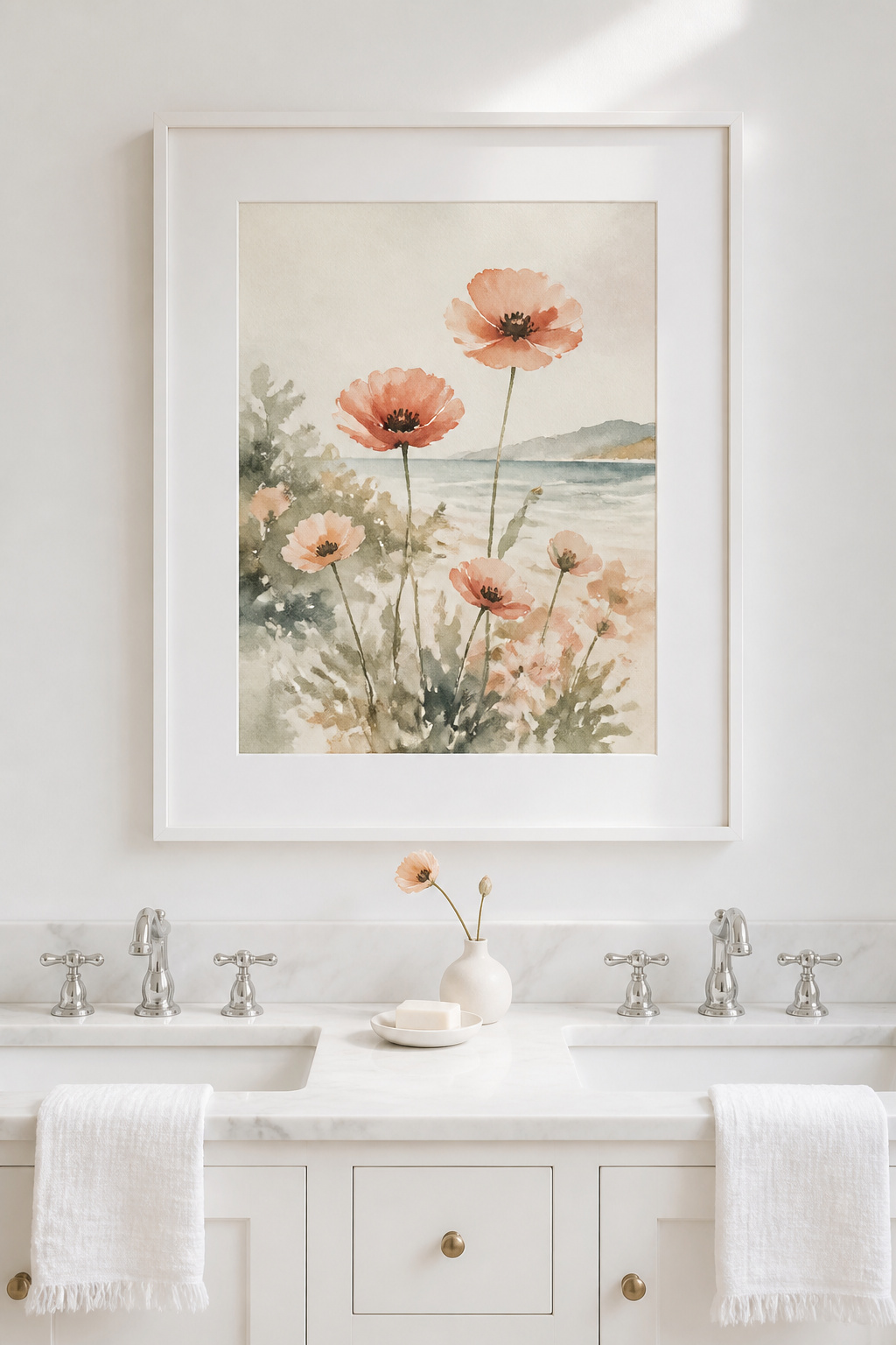 Watercolor's translucent layers suit the atmosphere of a bathroom better than most other media — soft, light-filled, and calm.