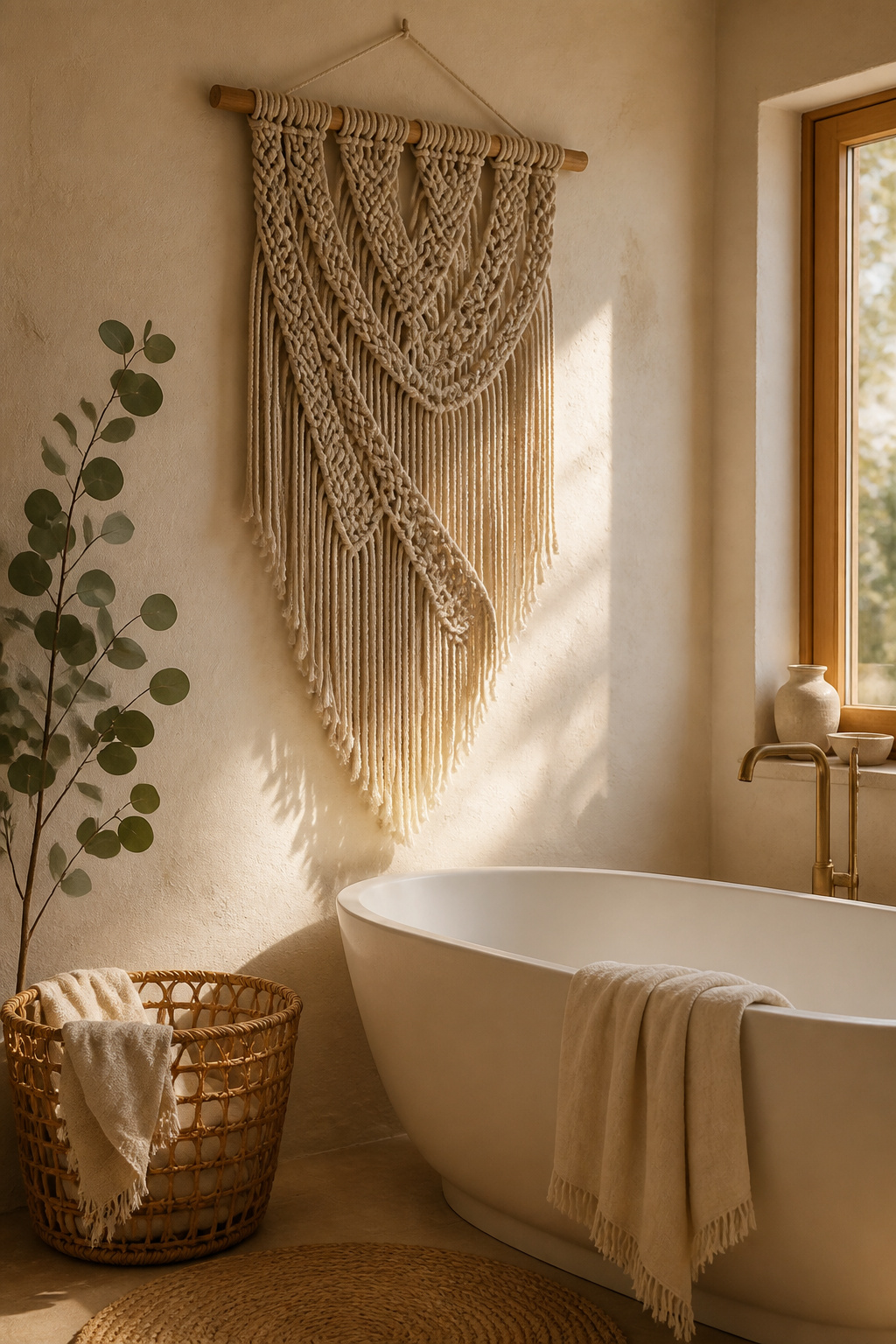 Linen macramé brings the only truly three-dimensional texture to bathroom walls — and changes character entirely as the light moves.