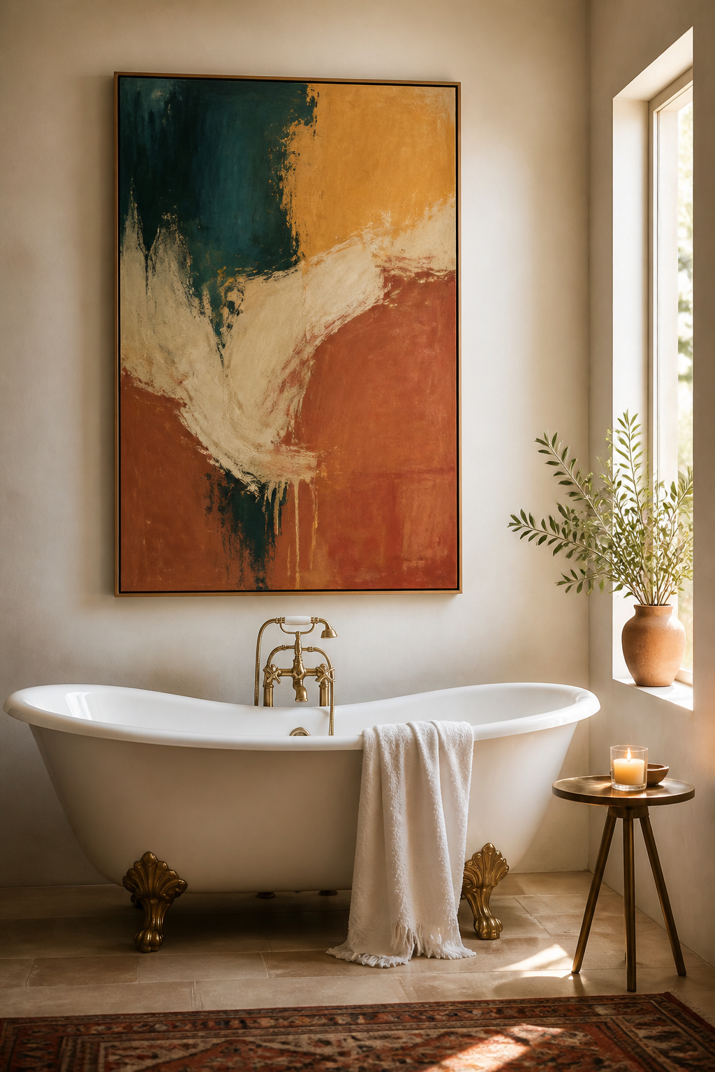 A single bold abstract print does what no amount of bathroom tile selection can — introduces deliberate color into a neutral space.