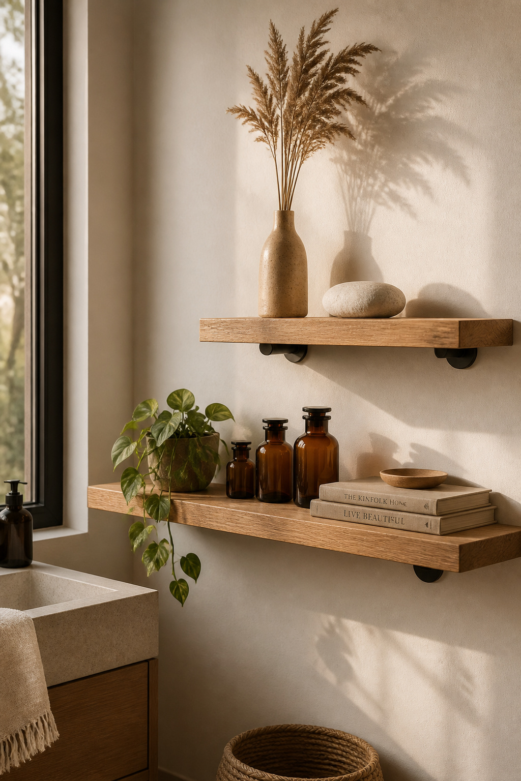 Three objects per shelf, varied heights, one repeated material — the composition principles for shelf art are the same as for any wall installation.