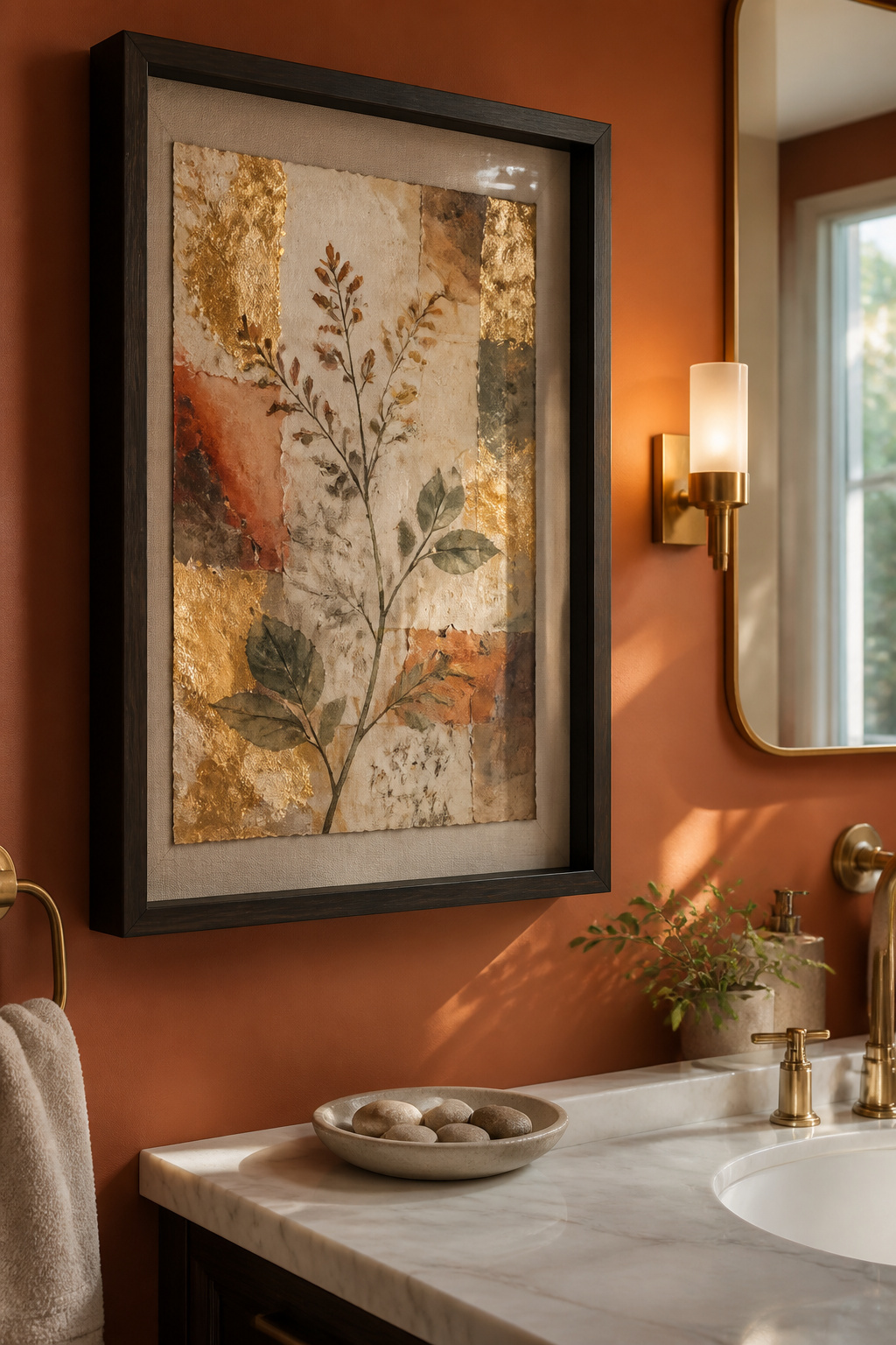 Resin-sealed mixed media art rewards sustained looking — in a bathroom, where you look at the same wall twice every day, the layers keep giving.