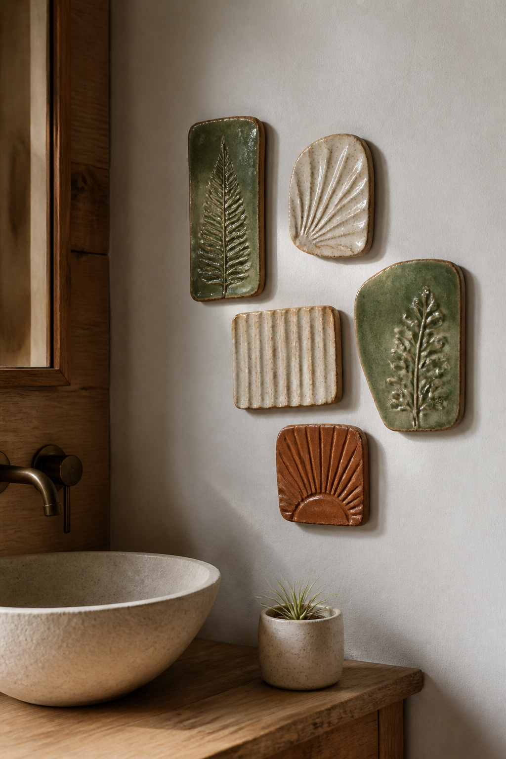 Handmade ceramic tiles mounted as art objects bring a sculptural quality that no flat print can achieve.