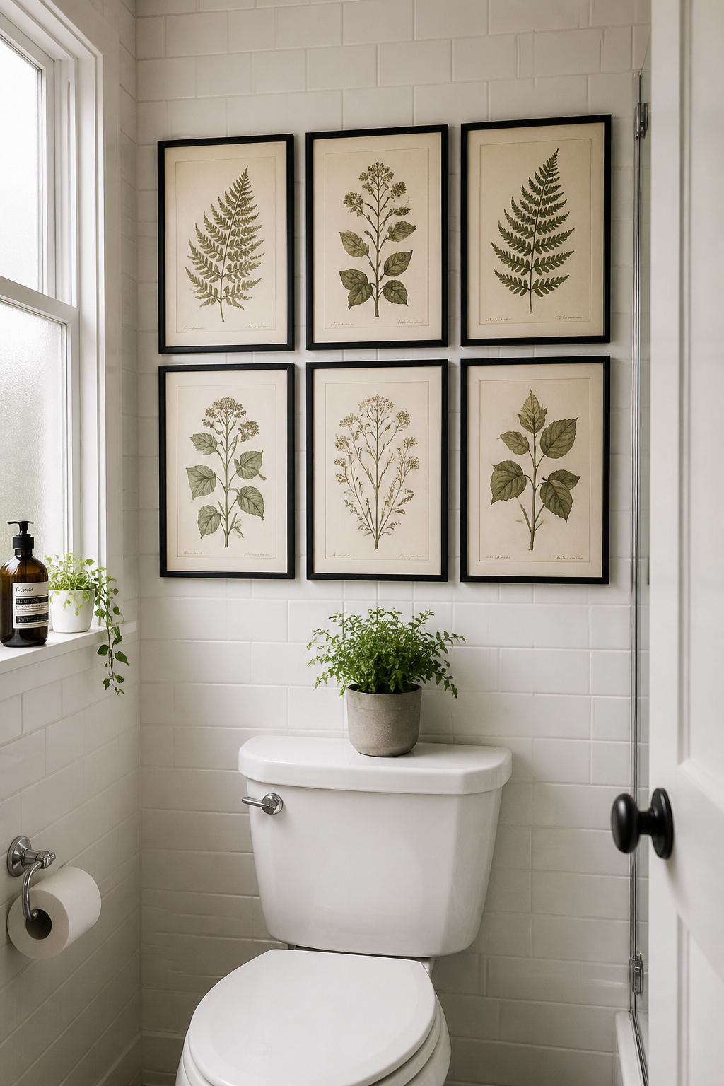 A tight grid of framed botanical prints transforms a plain bathroom wall into a curated gallery moment.