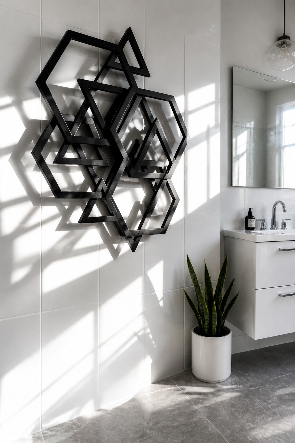 A powder-coated geometric sculpture is the only bathroom art that changes entirely with the light — morning and evening shadow patterns are completely different.