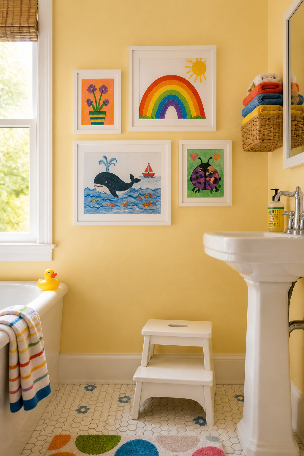 Three to five curated pieces in matching frames elevates children's artwork to genuine gallery display — editing matters as much as framing.