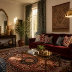 A South Asian fusion living room where every element — from the garnet velvet sofa to the hand-beaten brass accents and ceiling-height block-print curtains — has been composed with cultural intention and contemporary clarity.