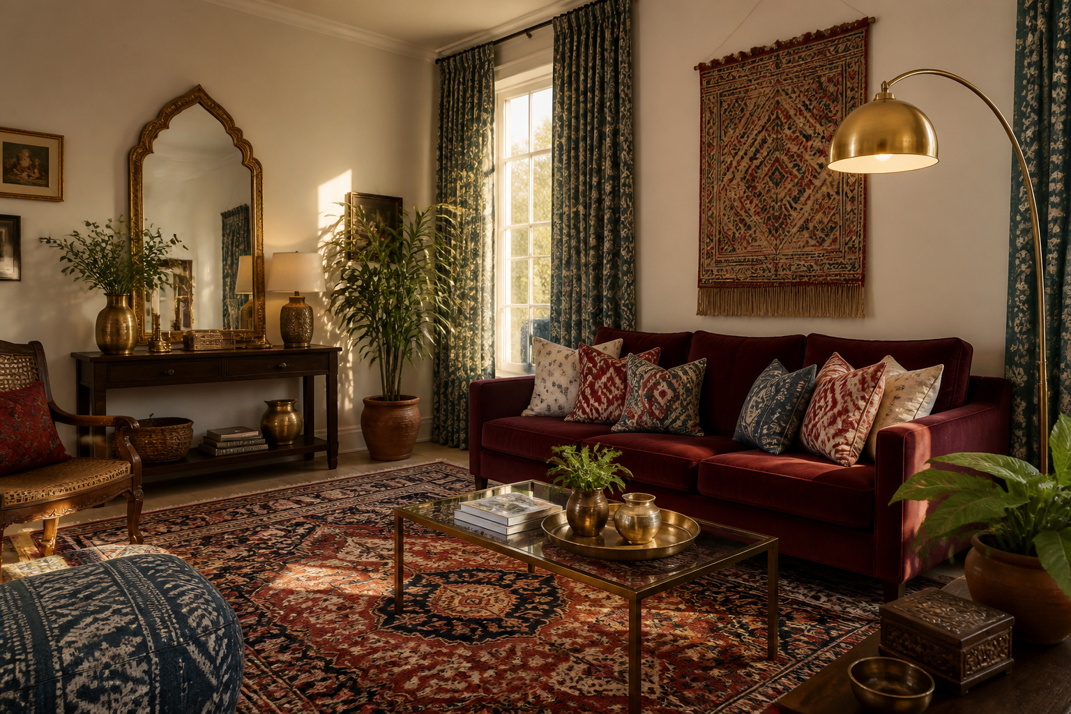 A South Asian fusion living room where every element — from the garnet velvet sofa to the hand-beaten brass accents and ceiling-height block-print curtains — has been composed with cultural intention and contemporary clarity.