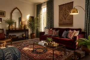 A South Asian fusion living room where every element — from the garnet velvet sofa to the hand-beaten brass accents and ceiling-height block-print curtains — has been composed with cultural intention and contemporary clarity.