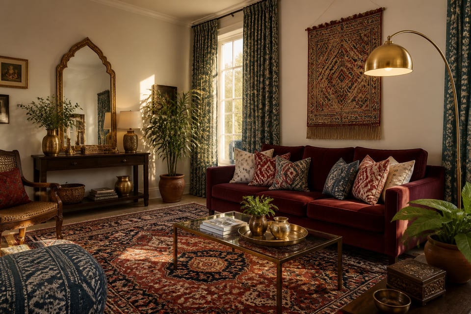 A South Asian fusion living room where every element — from the garnet velvet sofa to the hand-beaten brass accents and ceiling-height block-print curtains — has been composed with cultural intention and contemporary clarity.