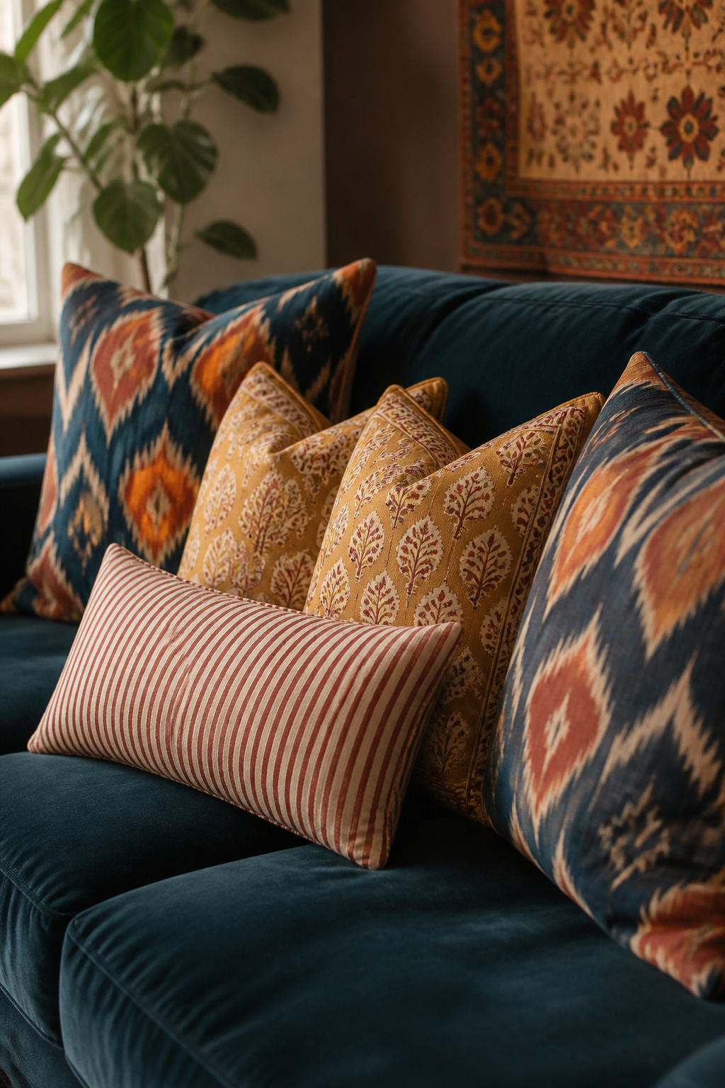The three-scale rule — large ikat, medium block print, fine stripe lumbar — creates a sofa arrangement that looks deliberately composed rather than accidentally assembled.