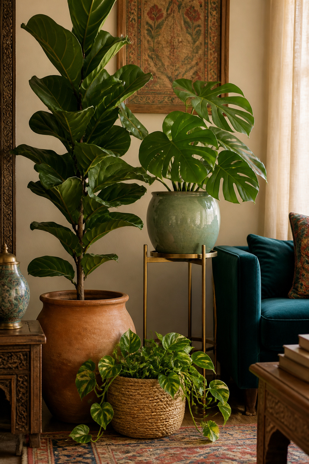Grouping plants at three heights — tall floor plant, mid-height plant stand, low trailing plant — recreates the natural layering of a living ecosystem and transforms a corner into a destination.
