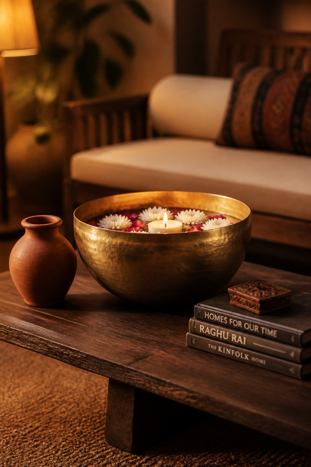 A hand-beaten brass urli bowl requires nothing else to justify its presence on a coffee table — the hammer-worked surface catches light in a way no cast reproduction can match.