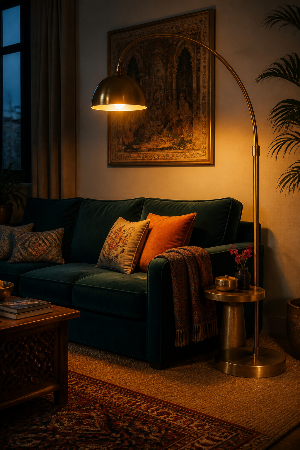 An arc lamp in unlacquered brass positioned beside a jewel-toned sofa does two things at once: it lights the room from the side, revealing the fabric's depth, and it contributes a sculptural form that functions as decoration even when switched off.